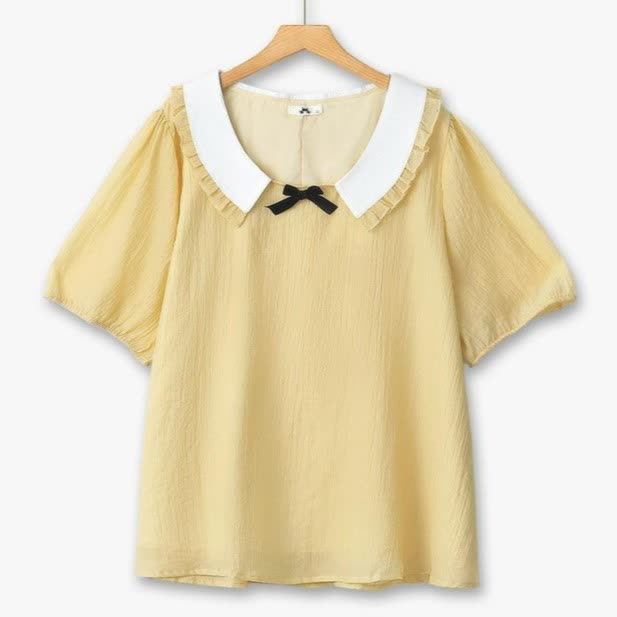 Plus Size Ruffle Collar Bow Puff Sleeve Blouse - Yellow - 6XL - image 0