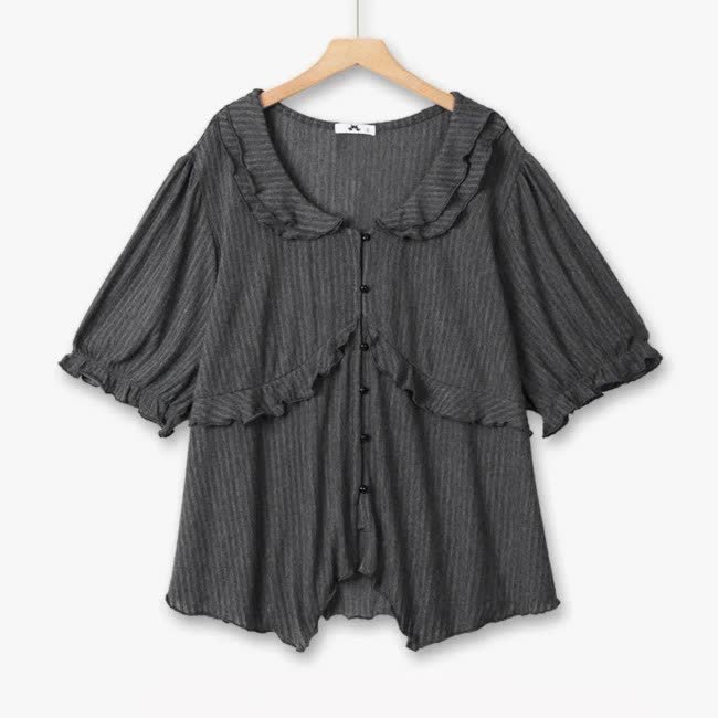 Plus Size Ruffle Collar Textured Blouse - Black - 6XL - image 2
