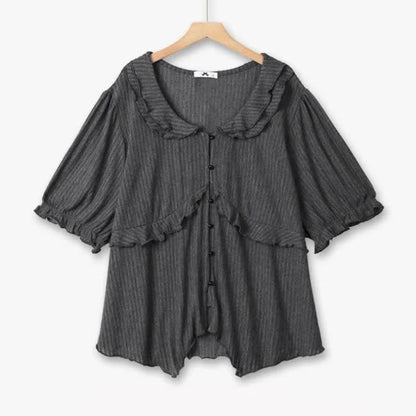 Plus Size Ruffle Collar Textured Blouse - Black - 6XL - image 2