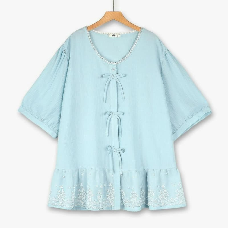 Plus Size Bow Lace Blouse - Light Blue - 6XL - image 0