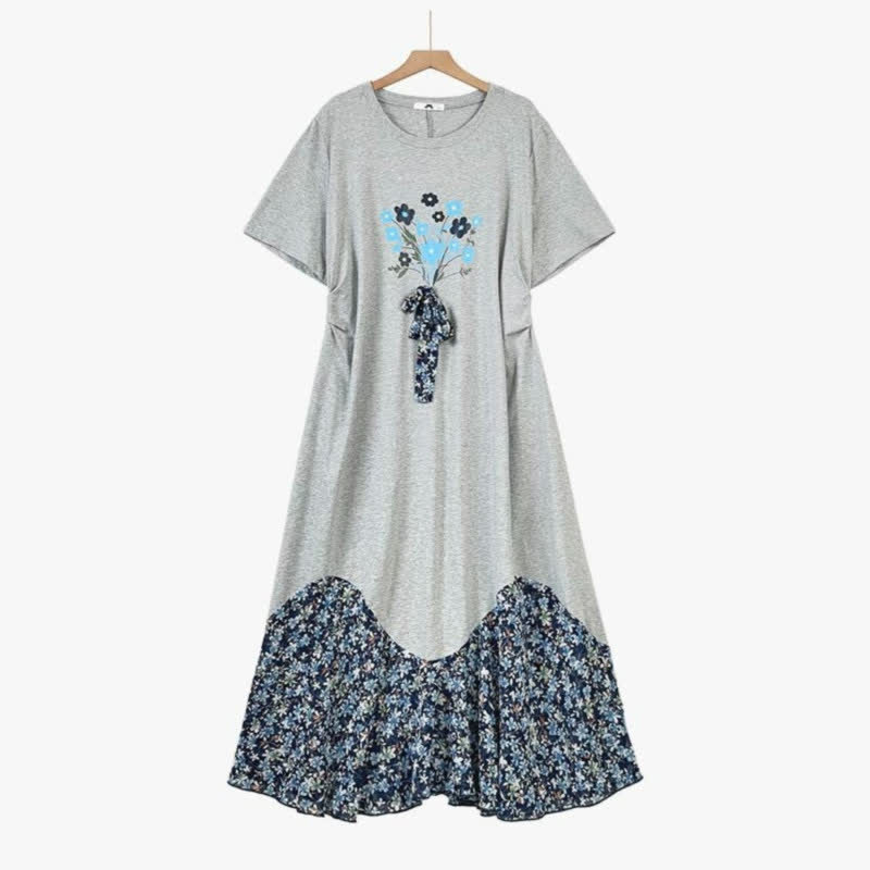 Casual Floral Patchwork Midi Dress - Grey - 6XL - image 0