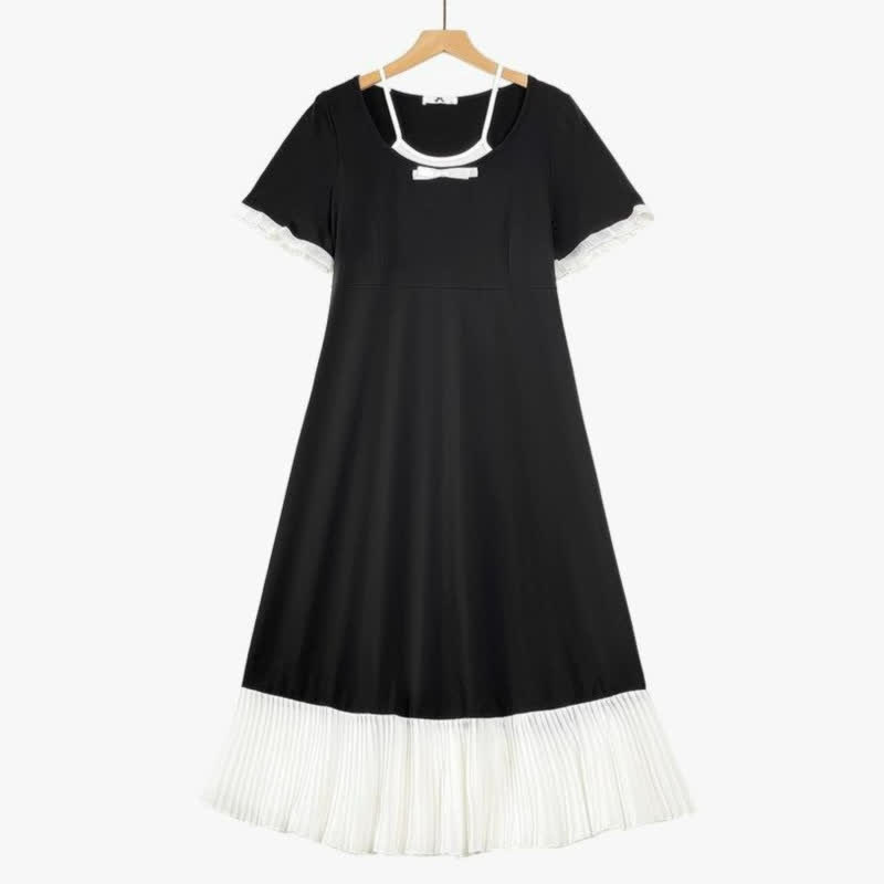 Contrast Pleated Hem Midi Dress - Black - 6XL - image 0