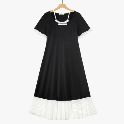 Contrast Pleated Hem Midi Dress - Black - 6XL - image 0