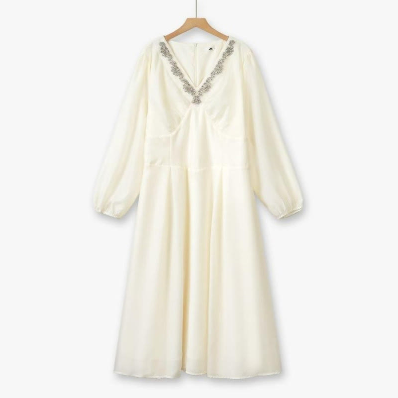 Embroidered V Neck Maxi Dress - Beige - 6XL - image 1