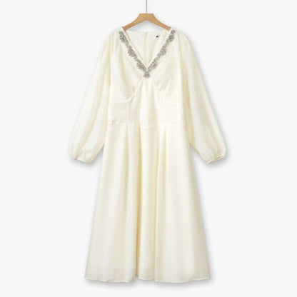 Embroidered V Neck Maxi Dress - Beige - 6XL - image 1