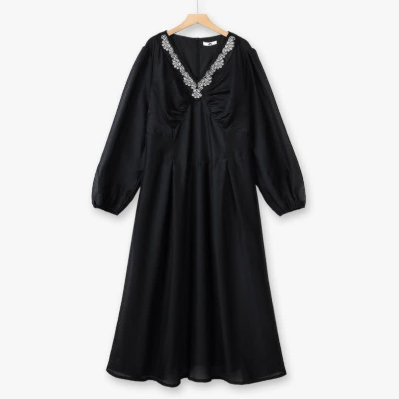 Embroidered V Neck Maxi Dress - Black - 6XL - image 2