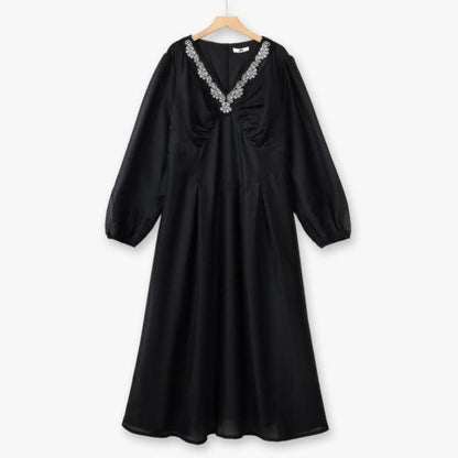 Embroidered V Neck Maxi Dress - Black - 6XL - image 2