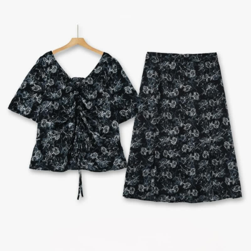 Plus-Size Black Floral Two-Piece Skirt Set - 2Pcs Set - 6XL - image 0