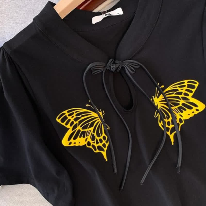 Plus Size Butterfly Print Tie Neck Summer Blouse - image 5