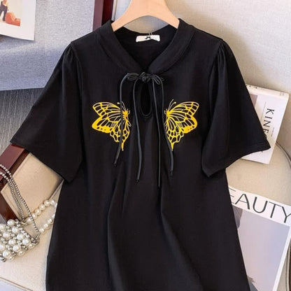 Plus Size Butterfly Print Tie Neck Summer Blouse - image 3