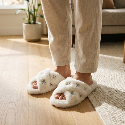 Cross Band Plush Open Toe Slippers - image 3
