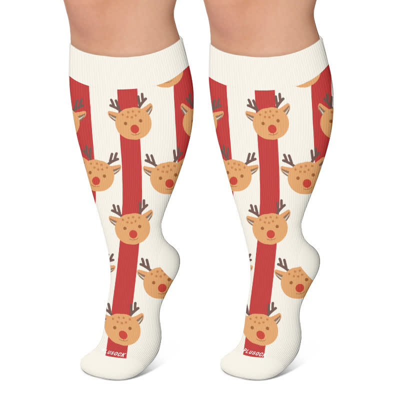Plus Size Santa Elk Stripe Compression Socks - White - 4XL - image 6