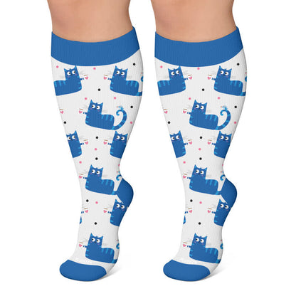 Plus Size Playful Cat Compression Socks - Blue - 4XL - image 5