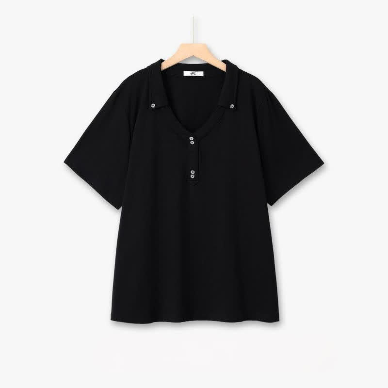 Plus Size Buttoned V Neck Cotton Blend Blouse - Black - 6XL - image 2