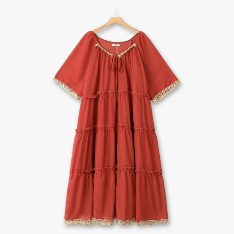 Boho Lace Trim Maxi Dress - Red - 6XL - image 0