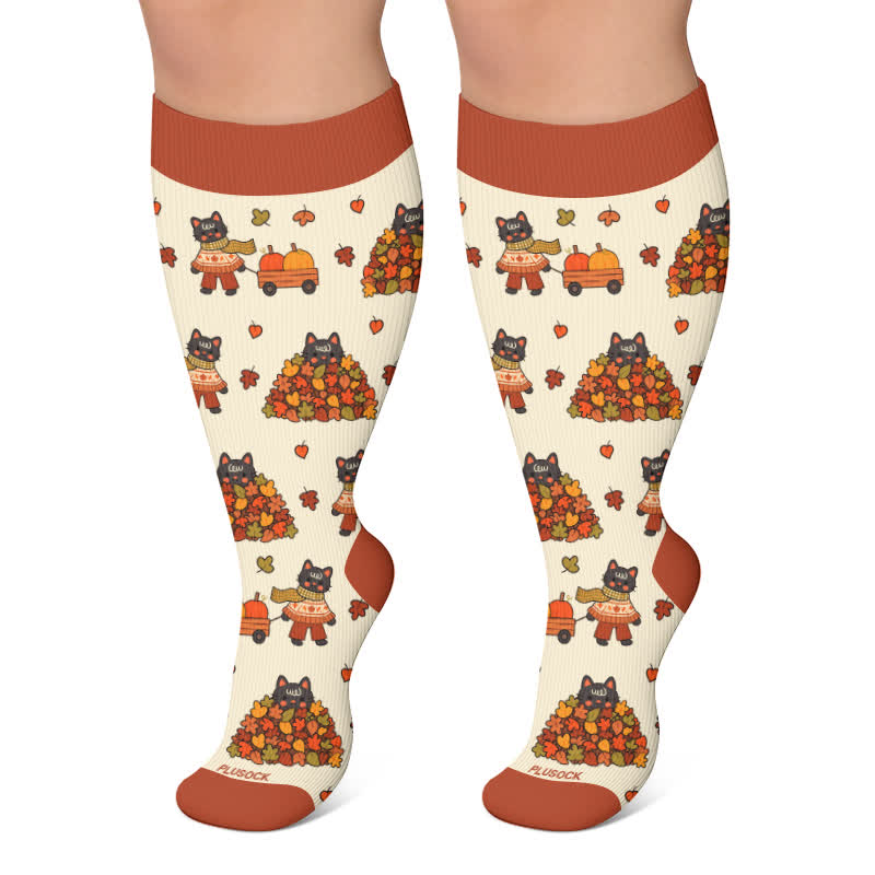 Plus Size Autumn Cat Frog Compression Socks - Brown - 4XL - image 4