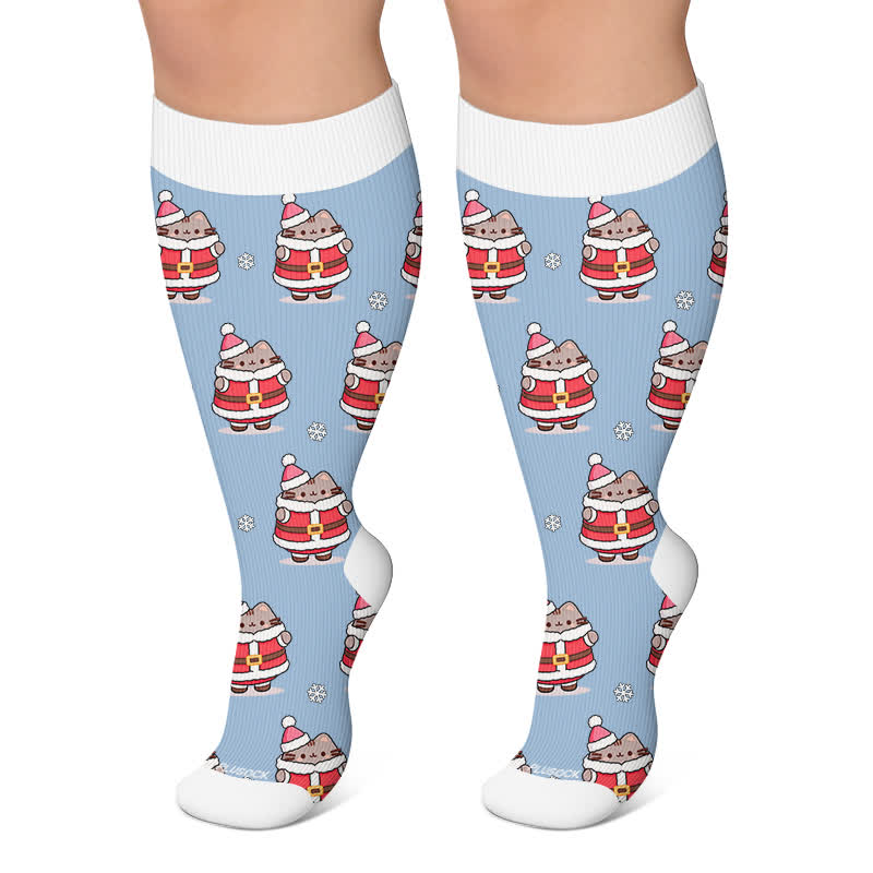 Plus Size  Christmas Cute Cat Compression Socks - Blue - 4XL - image 5