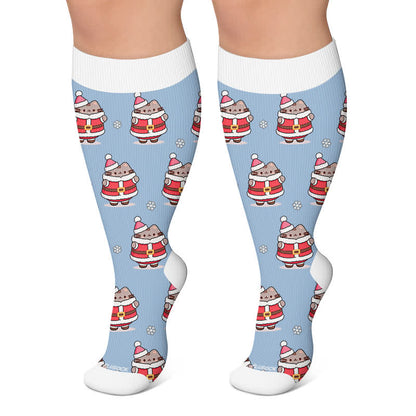 Plus Size  Christmas Cute Cat Compression Socks - Blue - 4XL - image 5