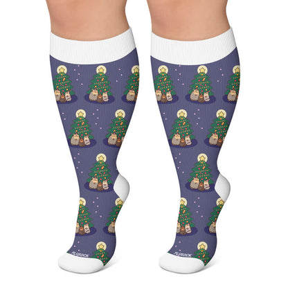 Plus Size  Christmas Cute Cat Compression Socks - Navy Blue - 4XL - image 4