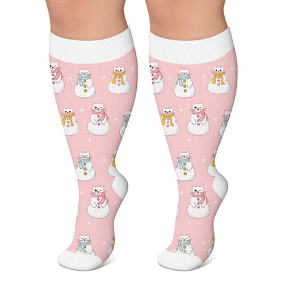 Plus Size Snowman Cat Compression Socks - Pink - 4XL - image 5