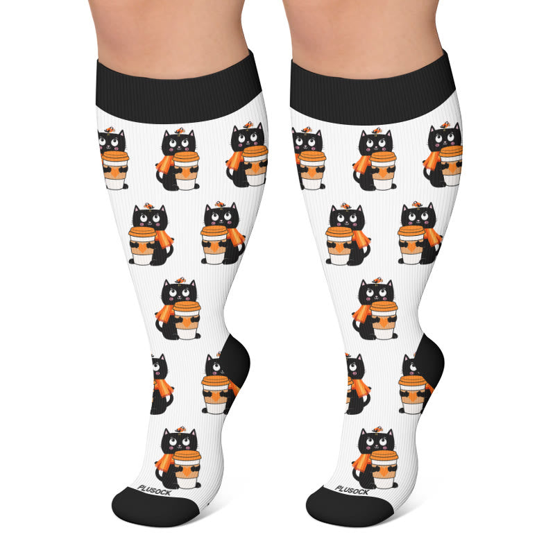 Plus Size Coffee Cat Compression Socks - White - 4XL - image 5