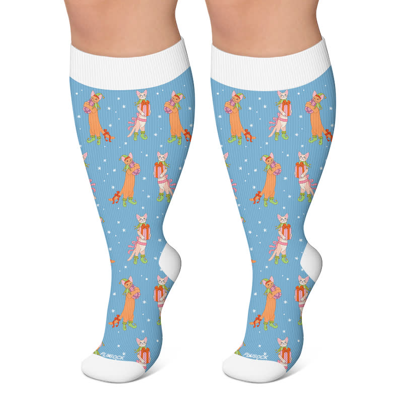 Plus Size Christmas Animal Party Compression Socks - Blue - 4XL - image 6