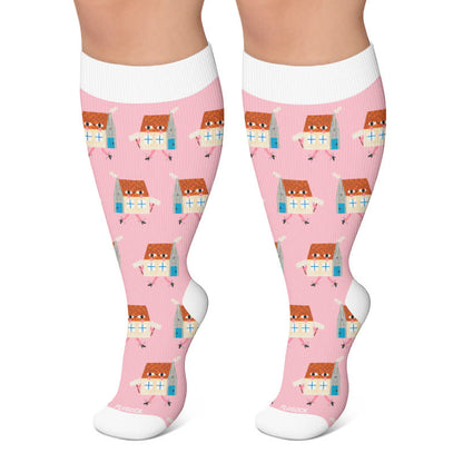 Plus Size Fun Cartoon Print Compression Socks - Pink - 4XL - image 5