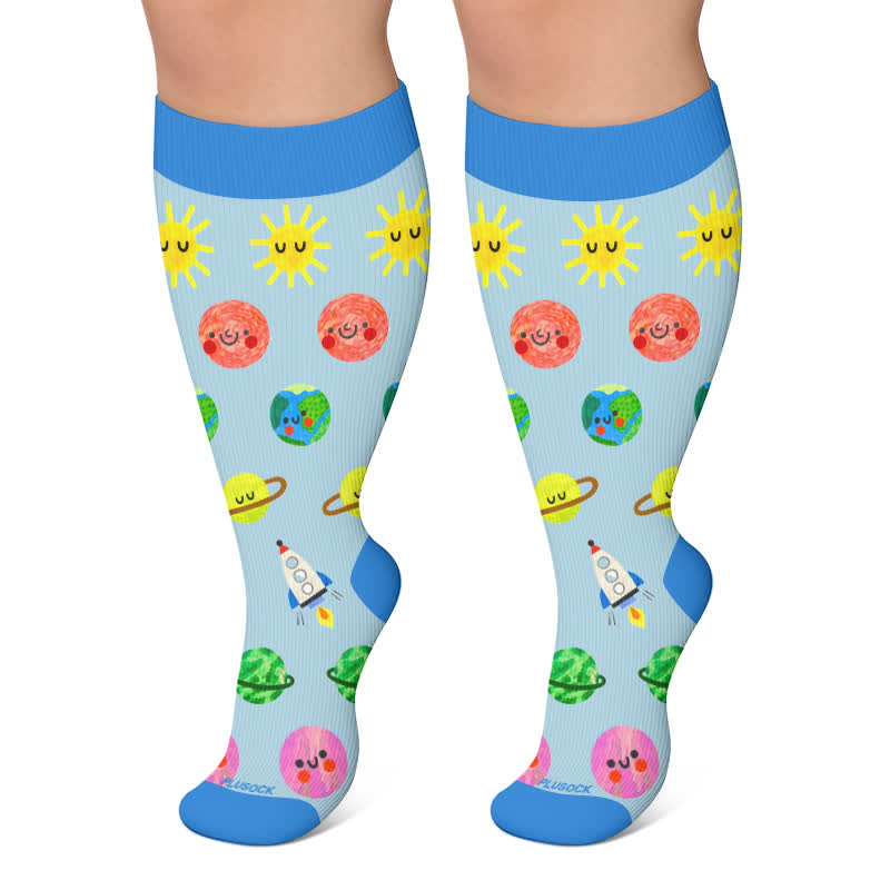 Plus Size Fun Cartoon Print Compression Socks - Blue - 4XL - image 4