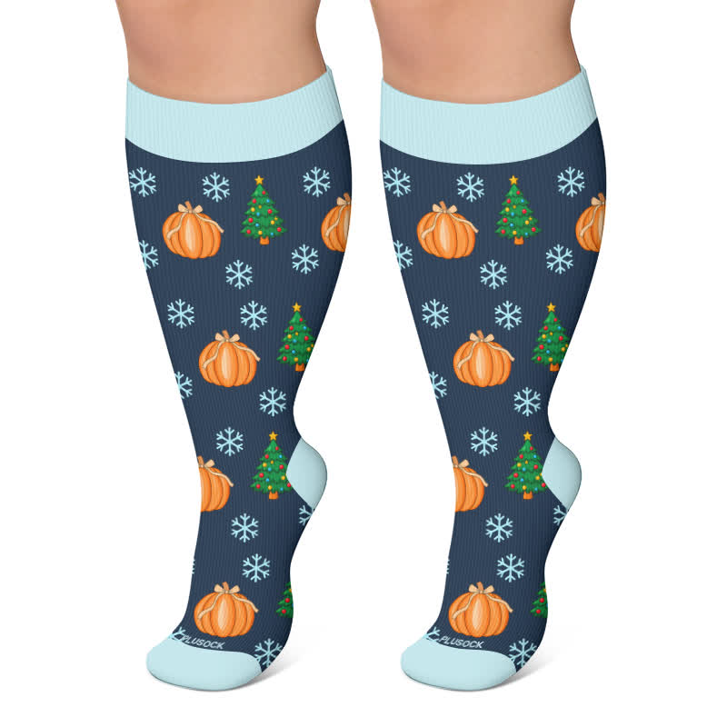 Plus Size Pumpkin Snowflake Frog Compression Socks - Blue - 4XL - image 4