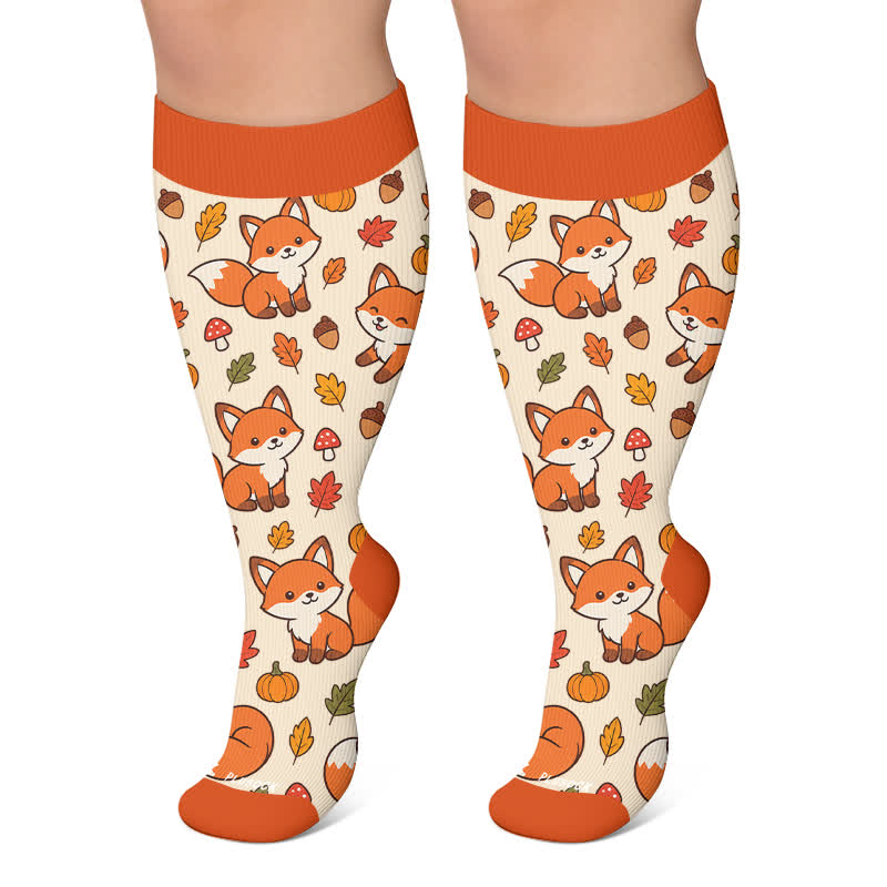 Plus Size Autumn Animal Leaf Compression Socks - Orange - 4XL - image 5