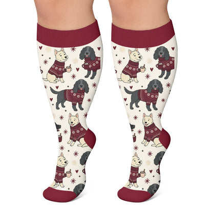 Plus Size Christmas Butterfly Dog Compression Socks - Wine - 4XL - image 5