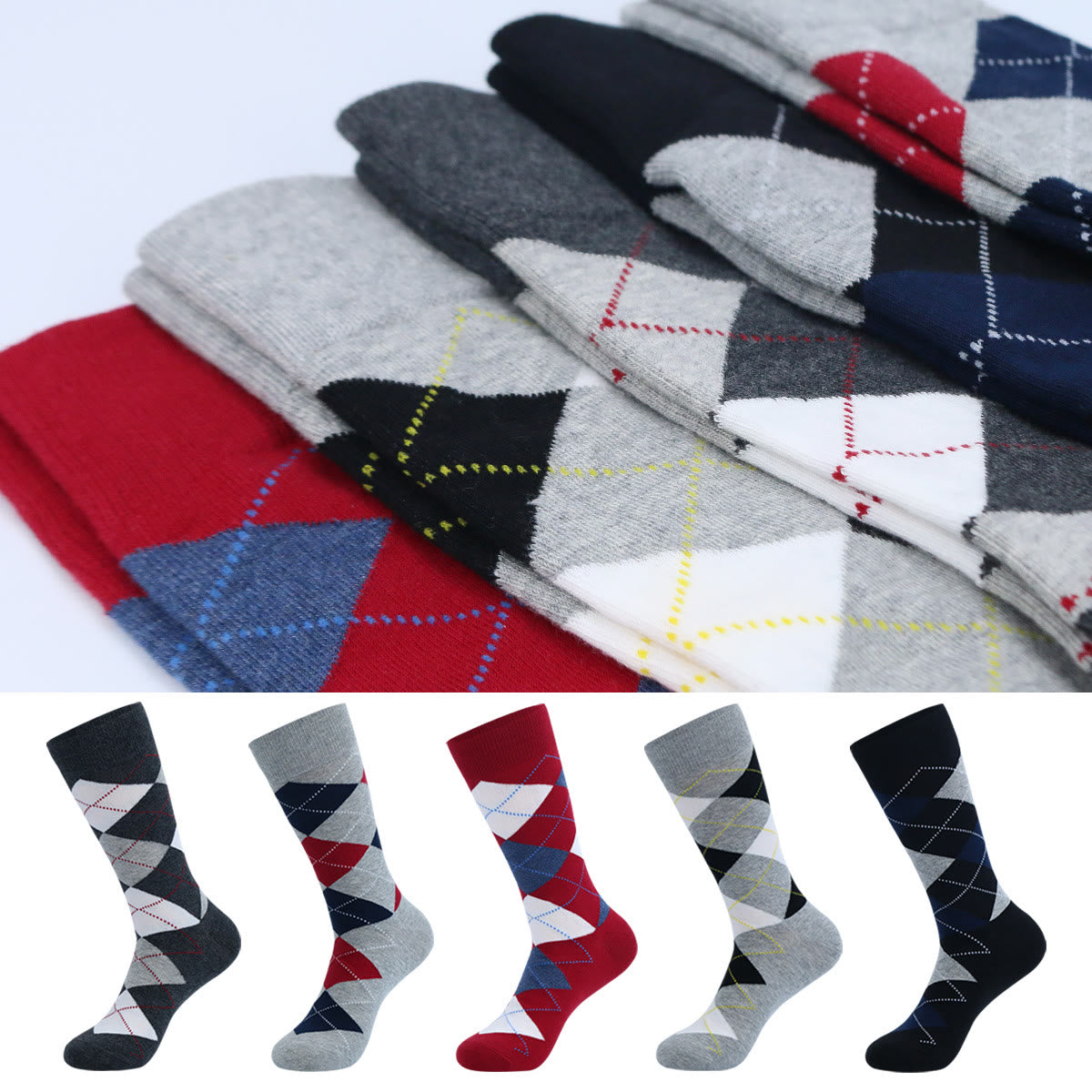 Dot Rhombus Crew Socks(5 Pairs) - EU42-48(US8-13) - Multicolor - image 0