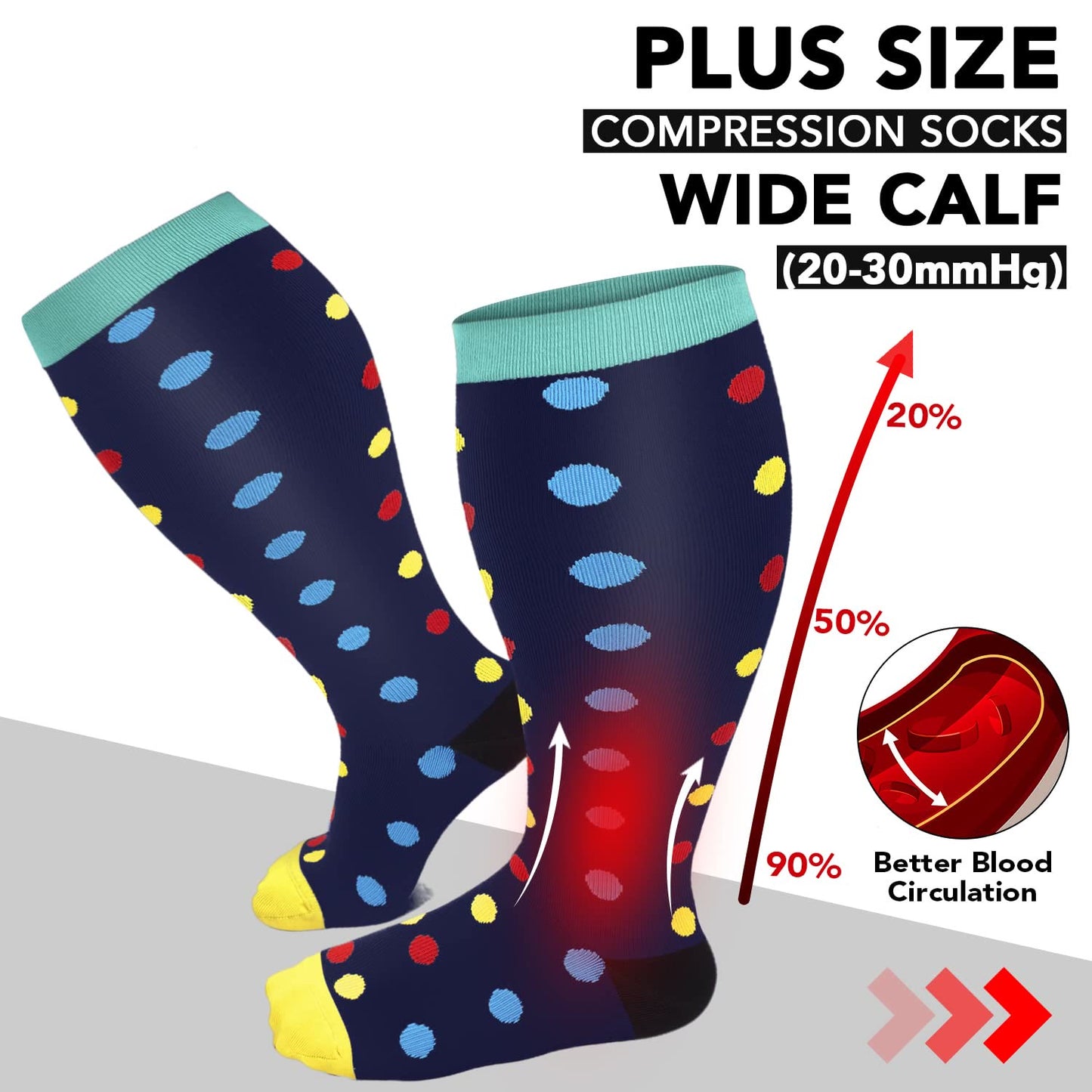 Blue Dot Heart Plus Size Compression Socks(3 Pairs) - image 1