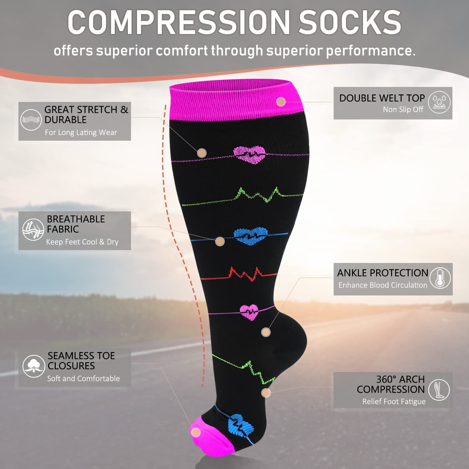 Skin Purple Electrocardiogram Plus Size Compression Socks 2XL-7XL(3 Pairs) - image 3