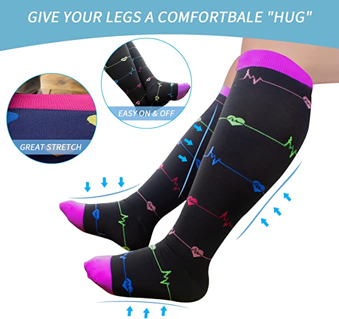 Skin Purple Electrocardiogram Plus Size Compression Socks 2XL-7XL(3 Pairs) - image 2