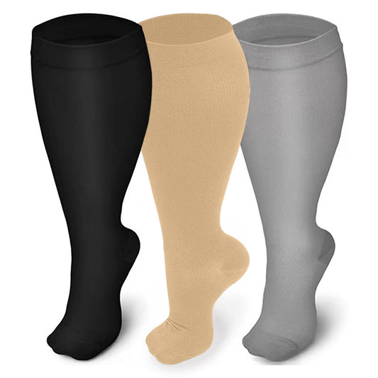 Solid Pure Color Plus Size Compression Socks 2XL-7XL(3 Pairs) - Black & Skin & Grey - 7XL - image 0