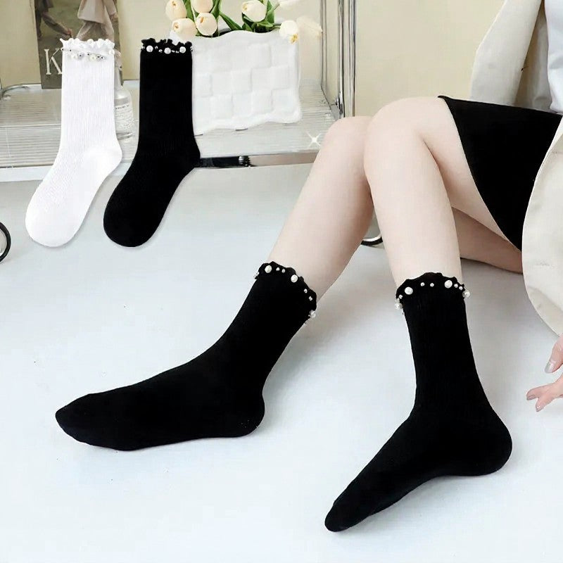 Pearl Trim Ruffle Ribbed Quarter Socks(4 Pairs) - image 11