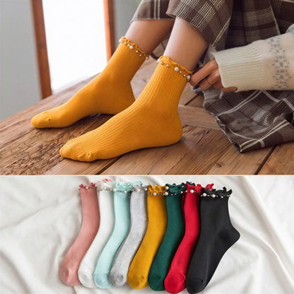 Pearl Trim Ruffle Ribbed Quarter Socks(4 Pairs) - image 0