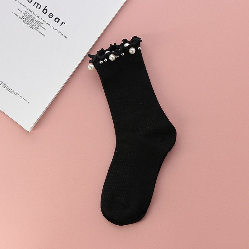 Pearl Trim Ruffle Ribbed Quarter Socks(4 Pairs) - Black - EU36-40(US3-7) - image 8