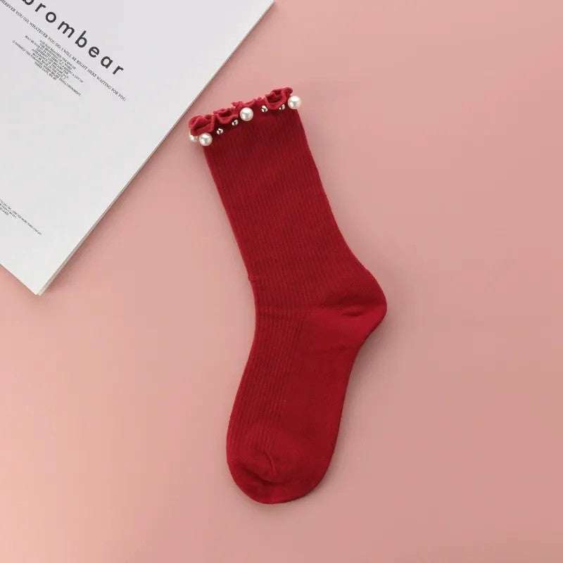 Pearl Trim Ruffle Ribbed Quarter Socks(4 Pairs) - Wine - EU36-40(US3-7) - image 5