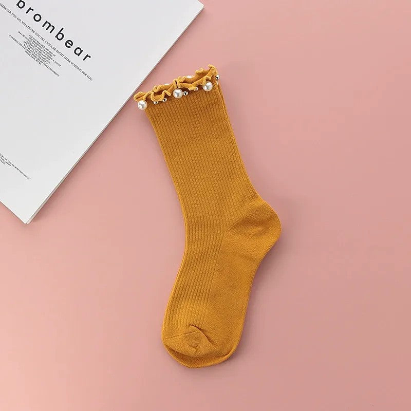 Pearl Trim Ruffle Ribbed Quarter Socks(4 Pairs) - Yellow - EU36-40(US3-7) - image 4
