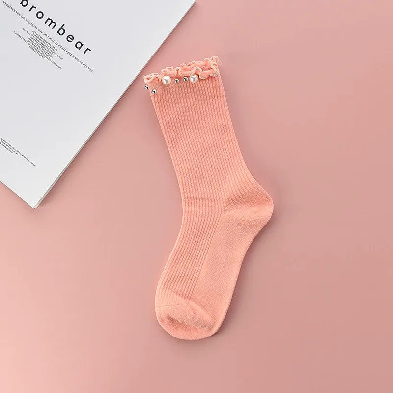 Pearl Trim Ruffle Ribbed Quarter Socks(4 Pairs) - Pink - EU36-40(US3-7) - image 3