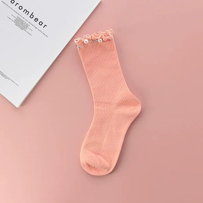 Pearl Trim Ruffle Ribbed Quarter Socks(4 Pairs) - Pink - EU36-40(US3-7) - image 3