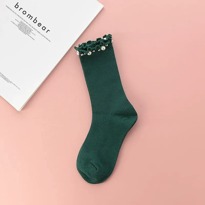Pearl Trim Ruffle Ribbed Quarter Socks(4 Pairs) - Green - EU36-40(US3-7) - image 2