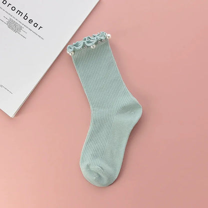 Pearl Trim Ruffle Ribbed Quarter Socks(4 Pairs) - Light Green - EU36-40(US3-7) - image 1