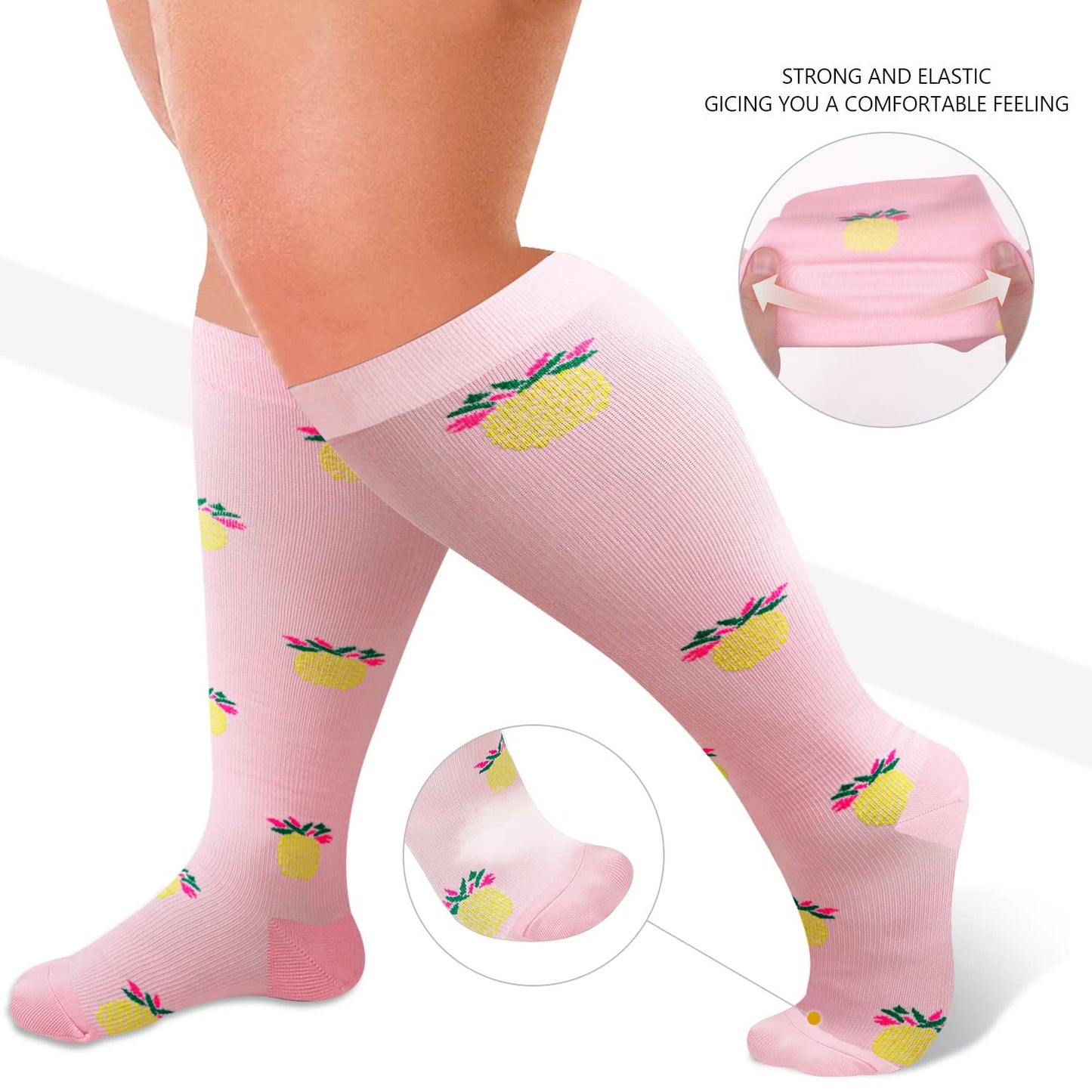 2XL-7XL Pink Pineapple Plus Size Compression Socks(3 Pairs)