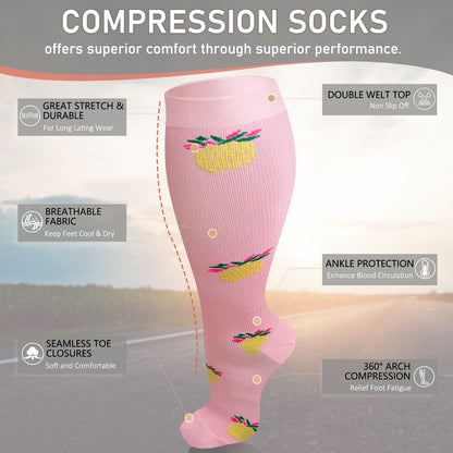 2XL-7XL Pink Pineapple Plus Size Compression Socks(3 Pairs)