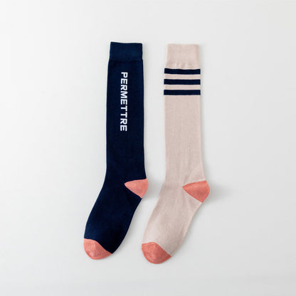 Mixed Color Cotton Plus Size Compression Socks(3 Pairs) - Unisex - Navy Blue&Skin - image 20