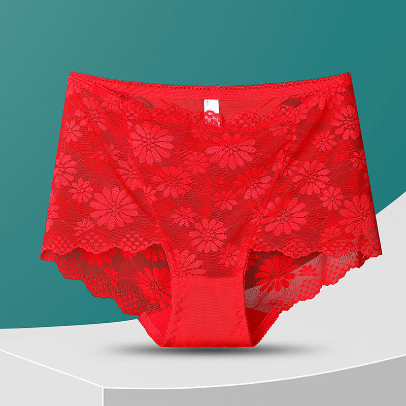 High-Waisted Floral Lace Panty(5 Pairs) - Red - 4XL - image 15