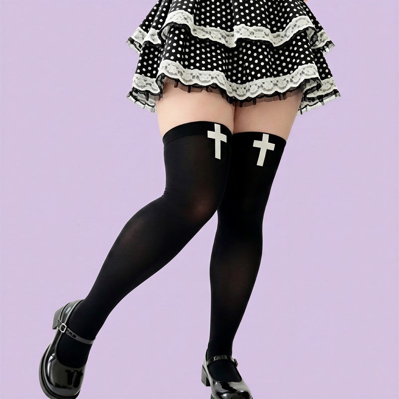 Gothic Cross Print Thigh High Socks(2 Pairs) - image 2
